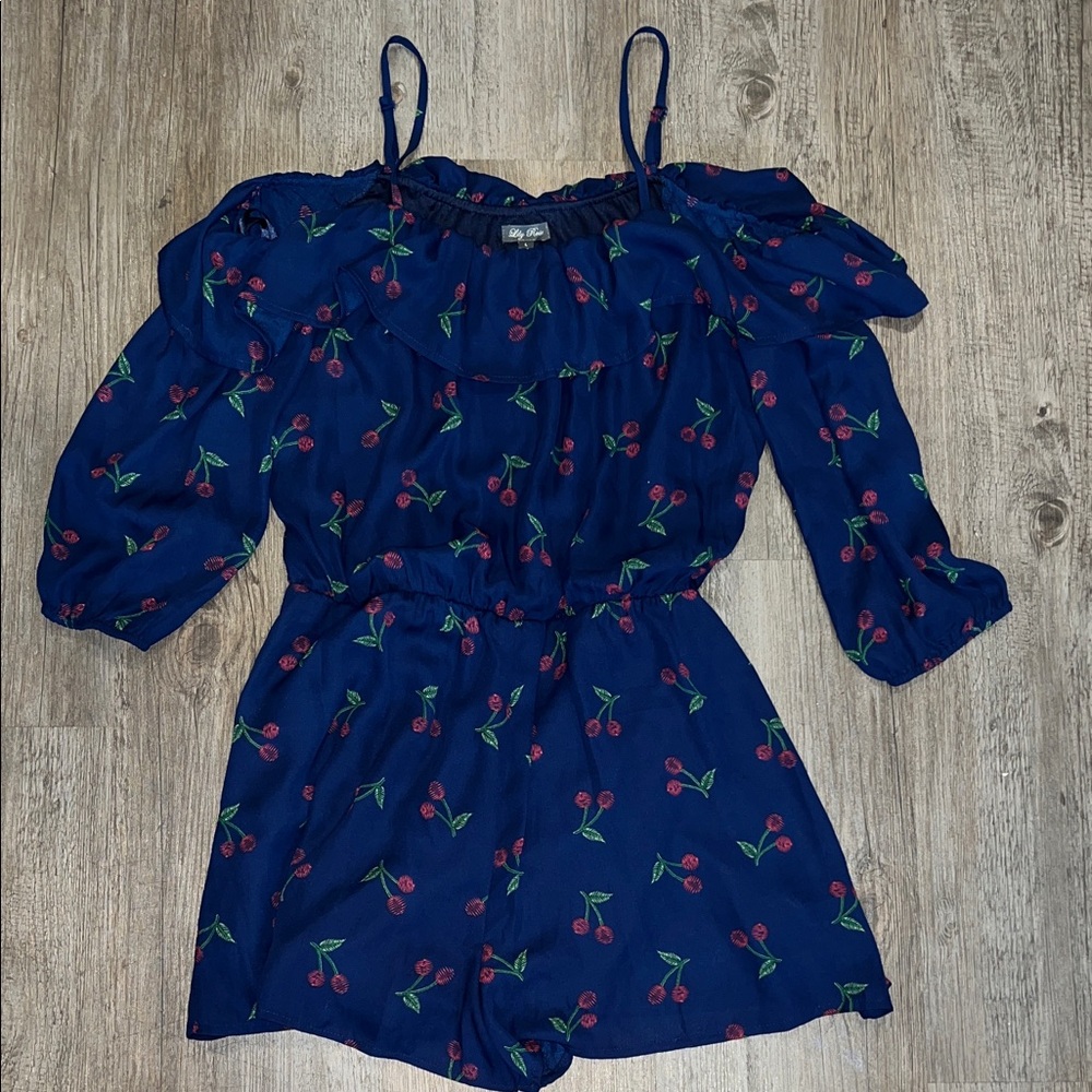 NEW Lily Rose Navy Cherry Print Off-Shoulder Romper size L junior